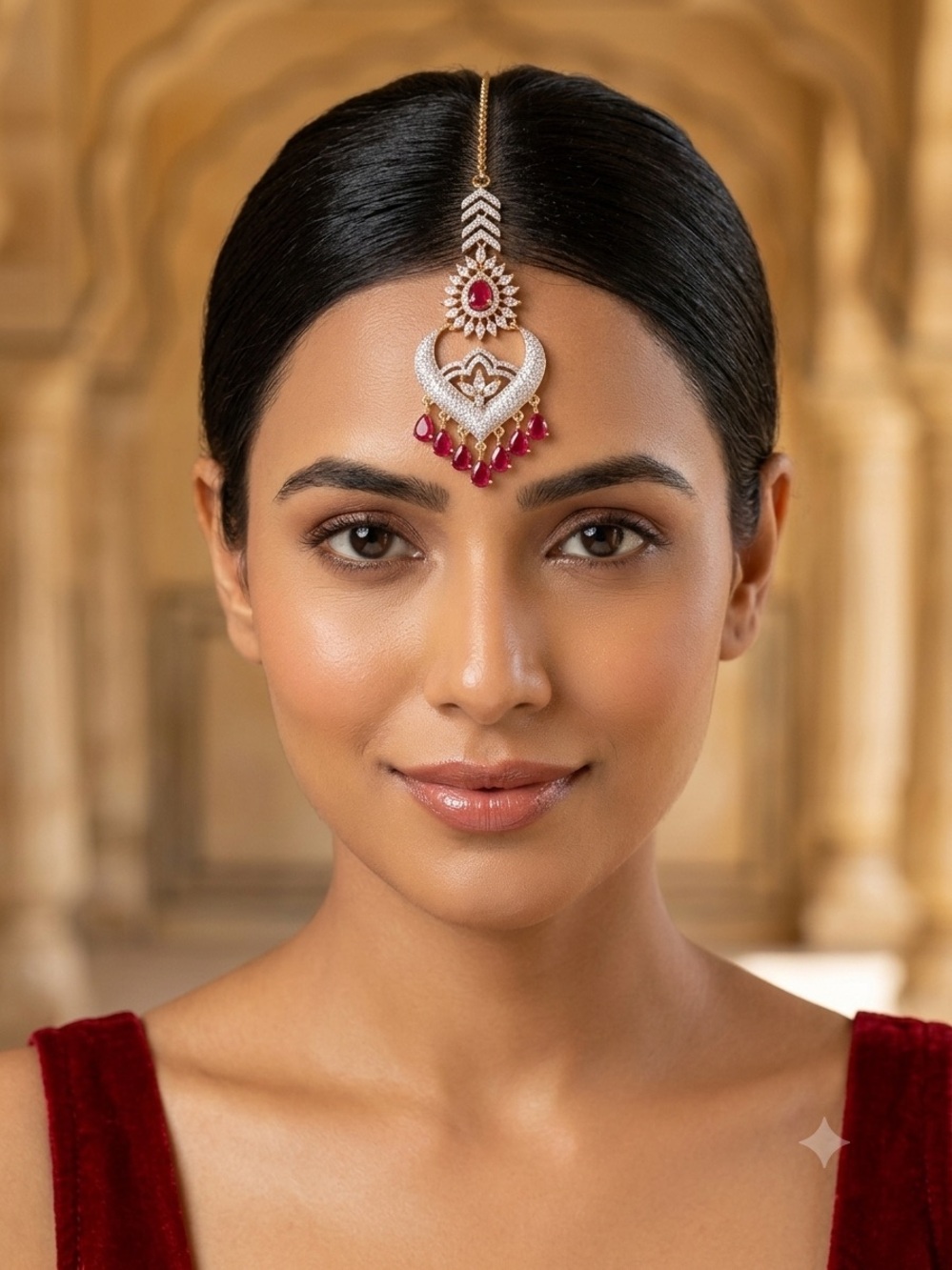Traditional Ruby and Gold Maang Tikka Headpiece